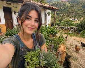 Lucía Flores en su jardín, rodeada de gallinas, perro y gato